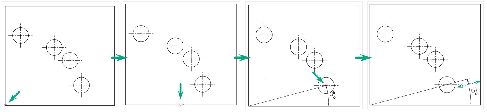 Рис. 1 Размещение угловой цепной размерной линии. Первый размер