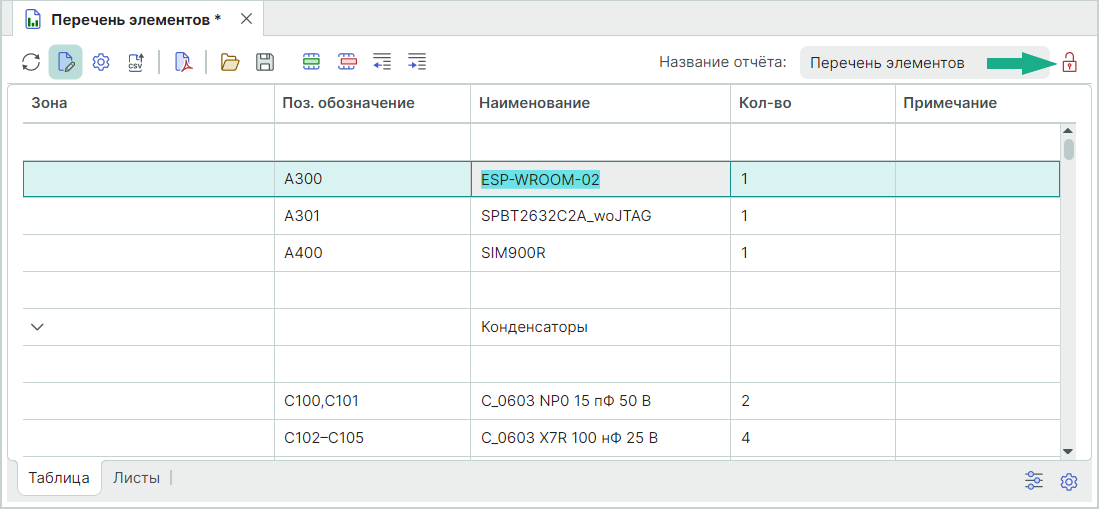 Рис. 3 Редактирование перечня элементов