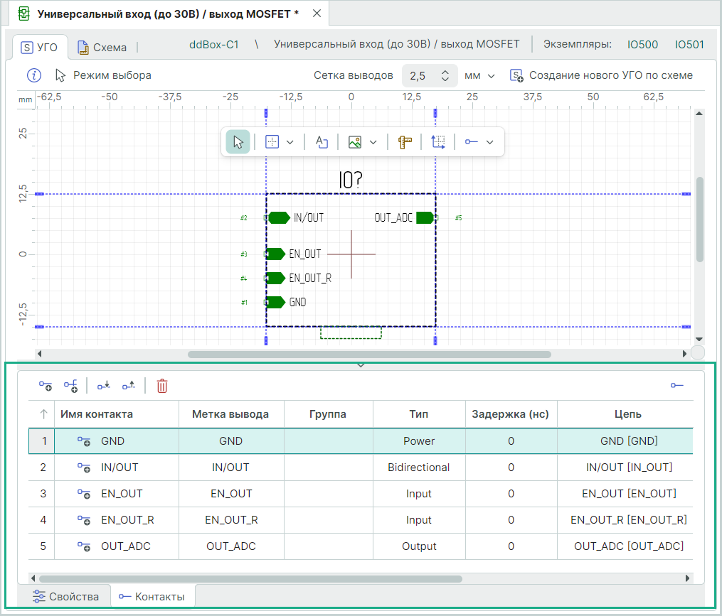 Рис. 2 Сопоставление вывода блока и вывода порта на вкладке «Контакты»
