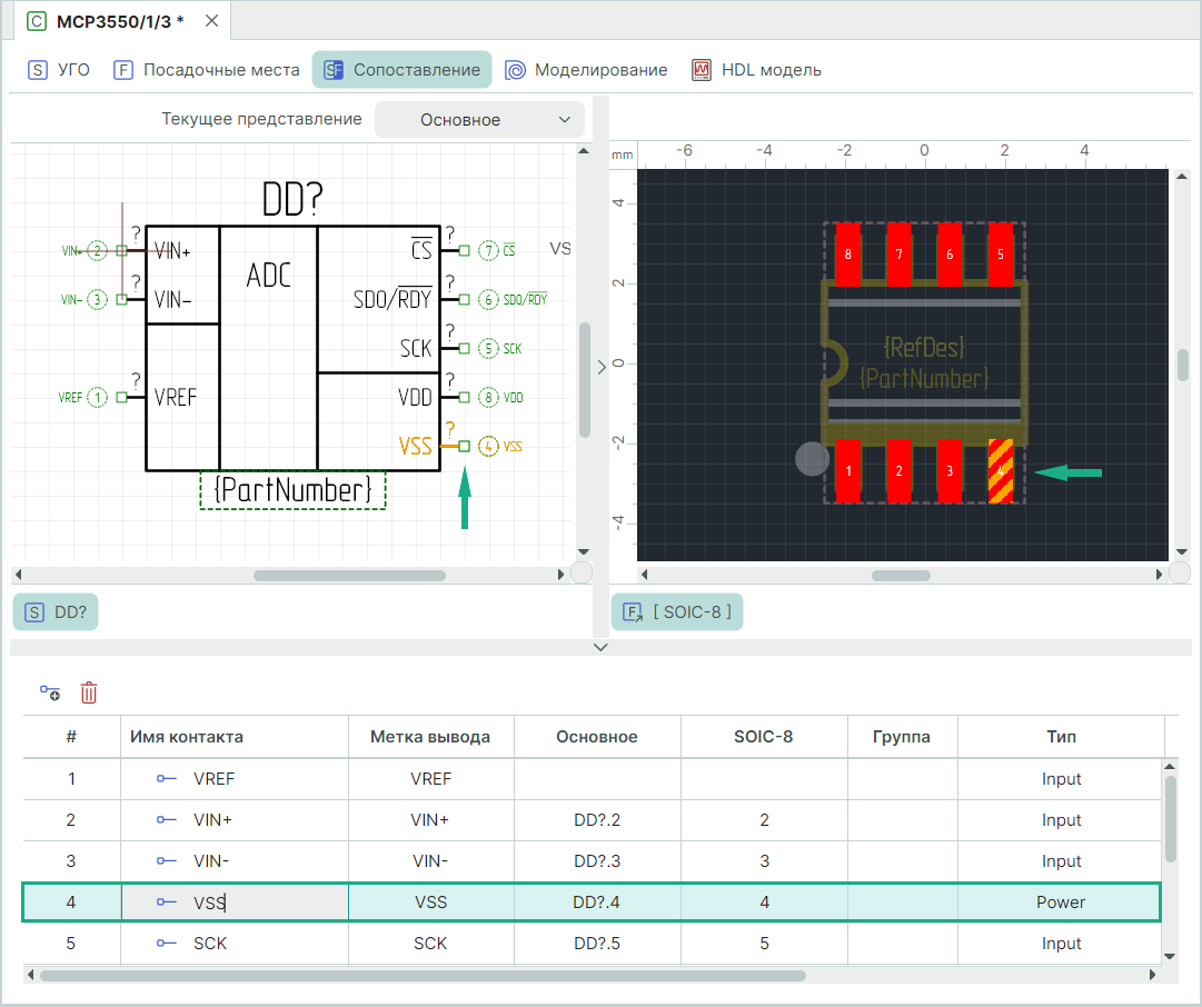 Рис. 2 Сопоставленные выводы и контактные площадки