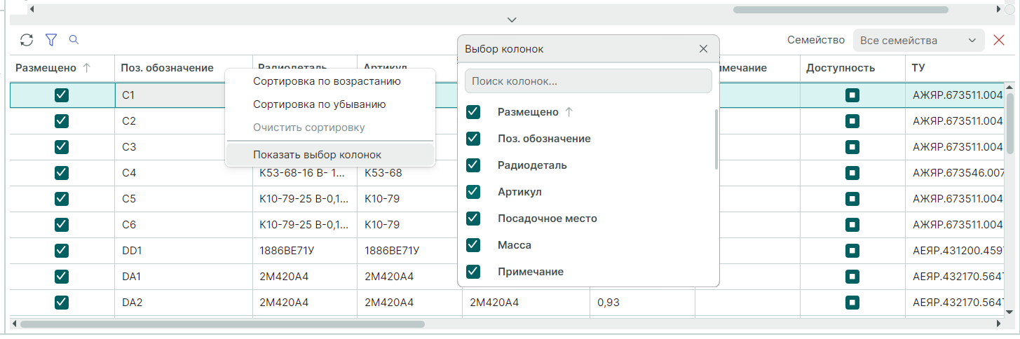 Рис. 6 Сортировка и выбор колонок