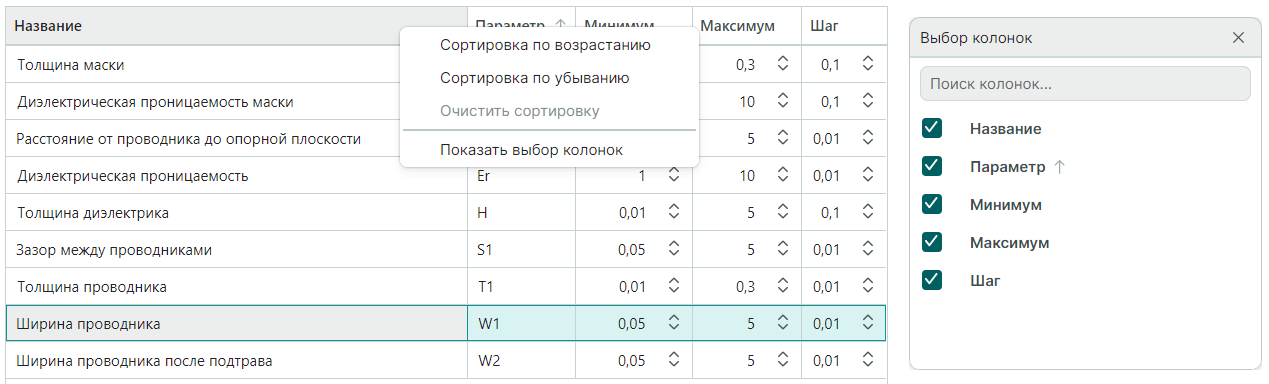 Рис. 3 Сортировка внутри колонок и выбор колонок