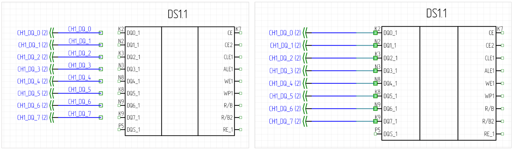 Рис. 2 Создание соединения путем перемещения незавершенных окончаний цепей до контактов компонента