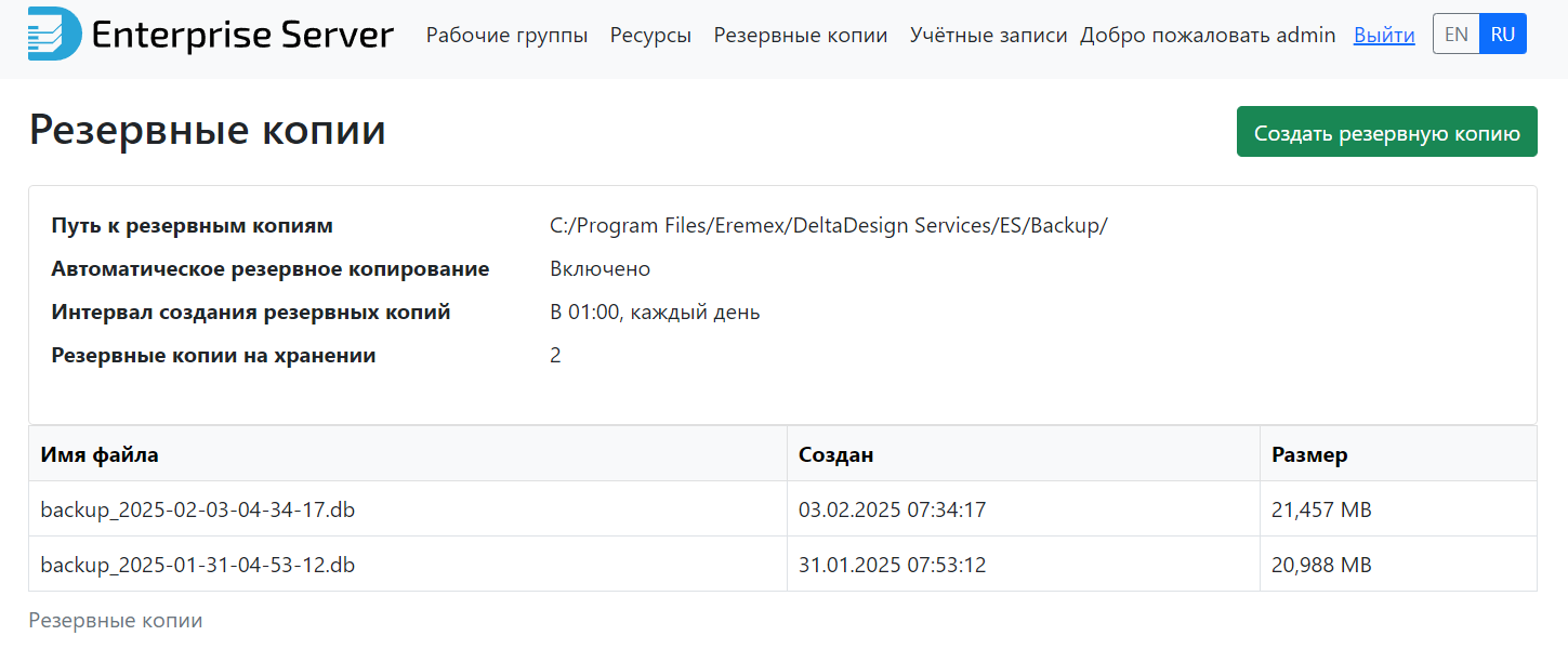 Рис. 4 Страница «Резервные копии»