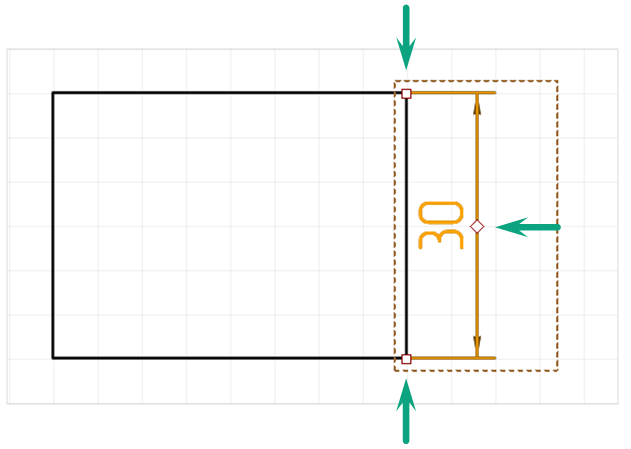 Рис. 3 Точки редактирования вертикальной размерной линии