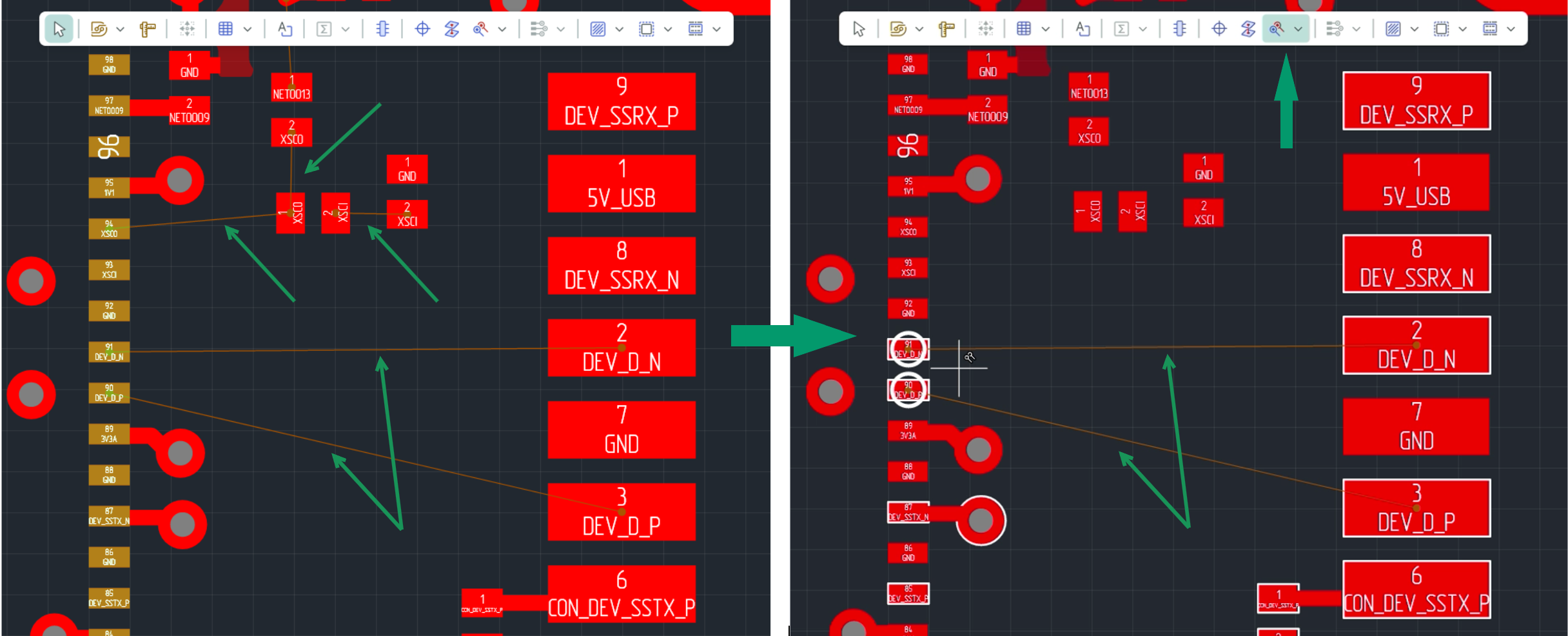 Рис. 2 Уменьшение количества отображаемых линий связи при активации инструмента «Разместить диффпару»