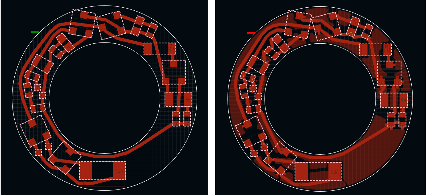 Рис. 2 Вид проводников до преобразования (слева) и после преобразования (справа) в области металлизации