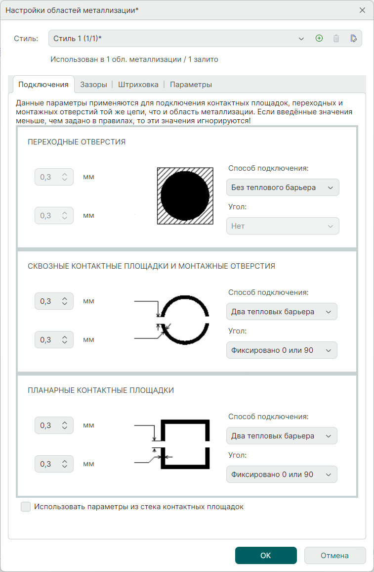 Рис. 1 Вкладки окна «Настройки областей металлизации»