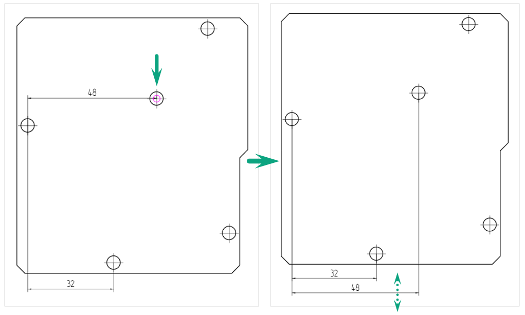 Рис. 2 Размещение горизонтальной размерной линии от общей базы. Второй размер