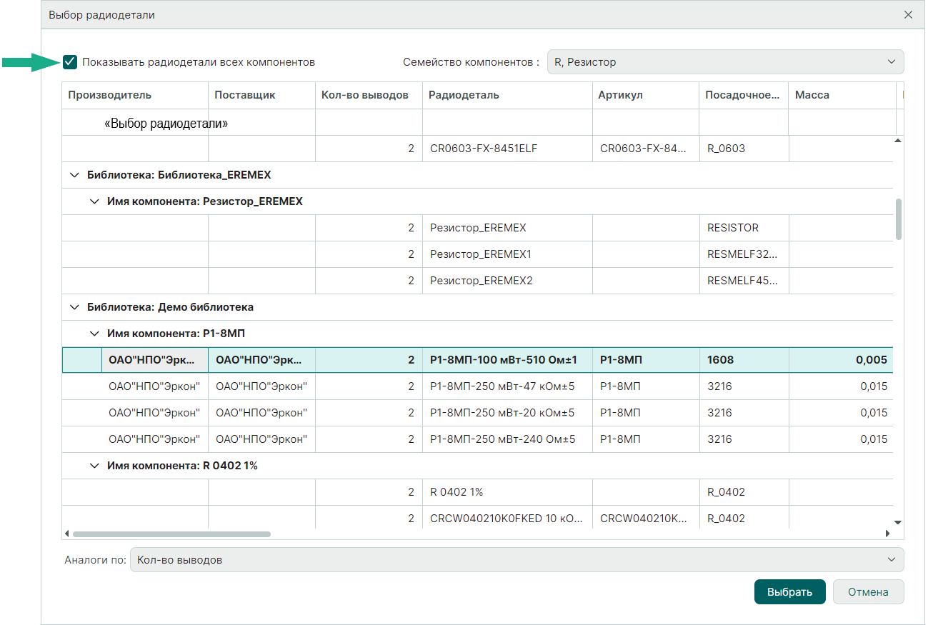 Рис. 3 Выбор радиодетали из списка всех компонентов всех библиотек