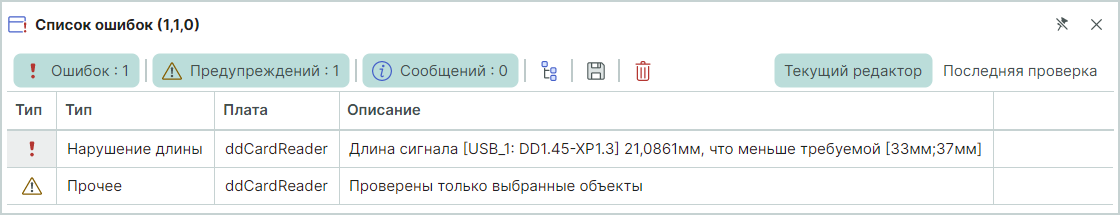 Рис. 5 Запись о нарушениях в окне «Список ошибок»