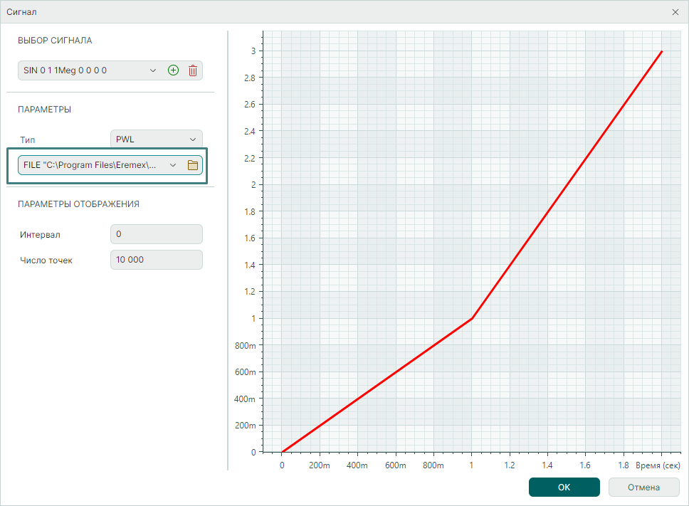 Рис. 2 Задание pwl-сигнала с помощью файла