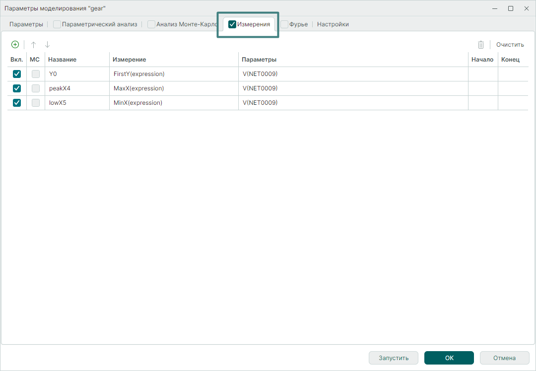 Рис. 1 Пример задания измерений с помощью вкладки «Измерения»