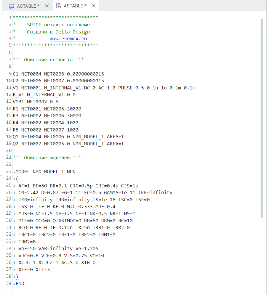Рис. 4 Пример описания схемы в виде списка цепей и описания моделей электронных компонентов в текстовом редакторе проекта